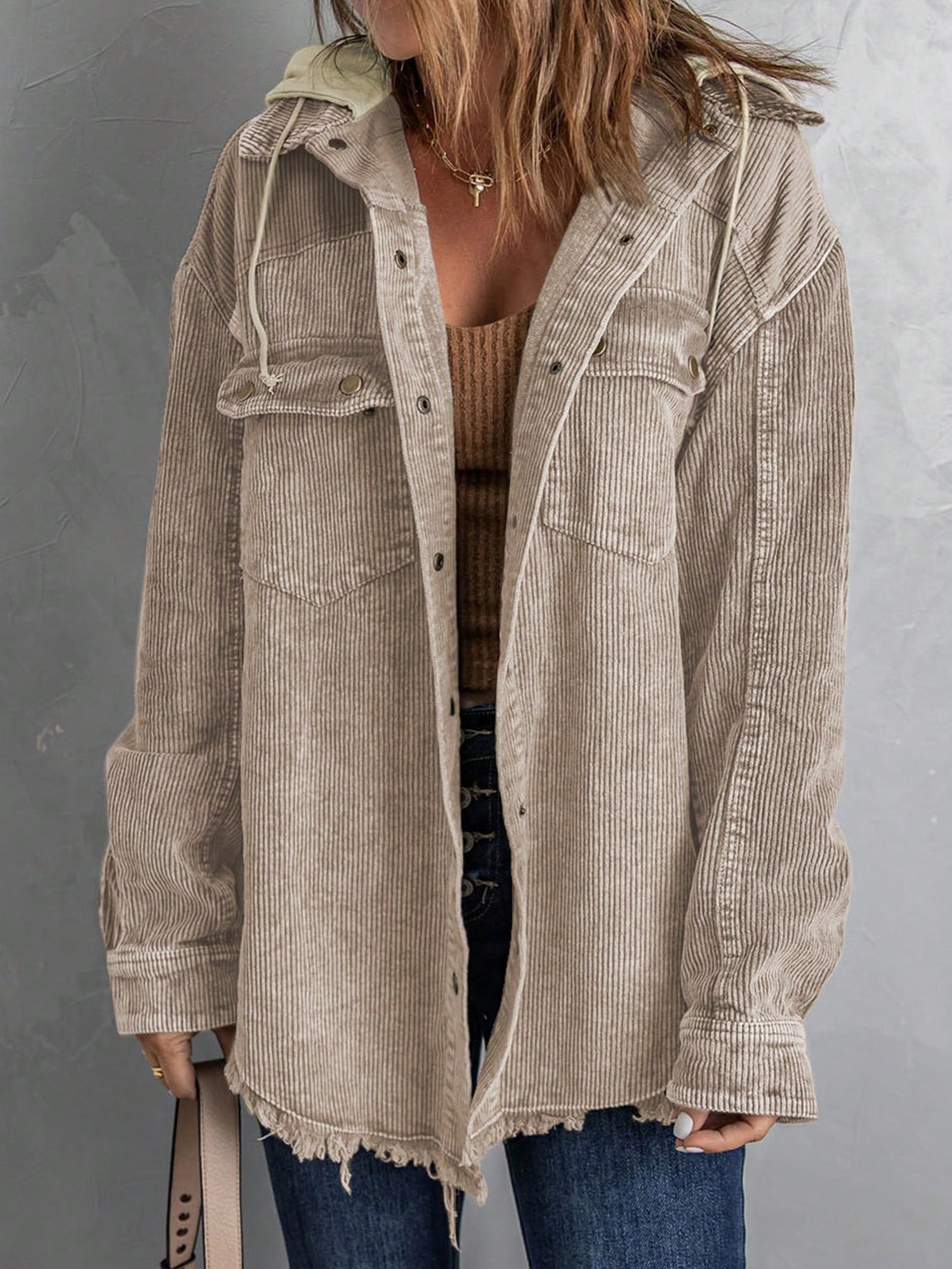 Colorblock Flap Pocket Drop Shoulder Drawstring Hooded Corduroy Coat