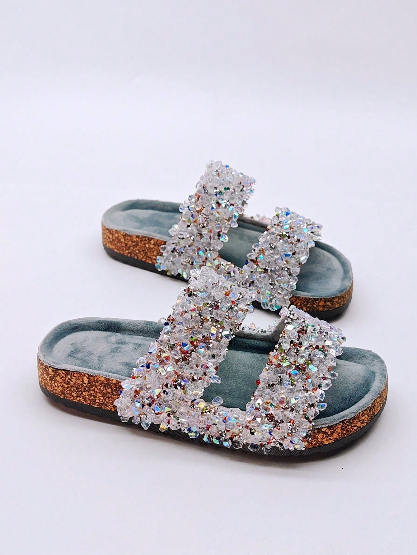 New Hot Selling Cork Pattern Women's Shoes, Street Casual Flat Slippers With Double Straps For Indoor And Outdoor, Rose Red Color With Sparkling Diamond Big Buckle Lady Sandals
