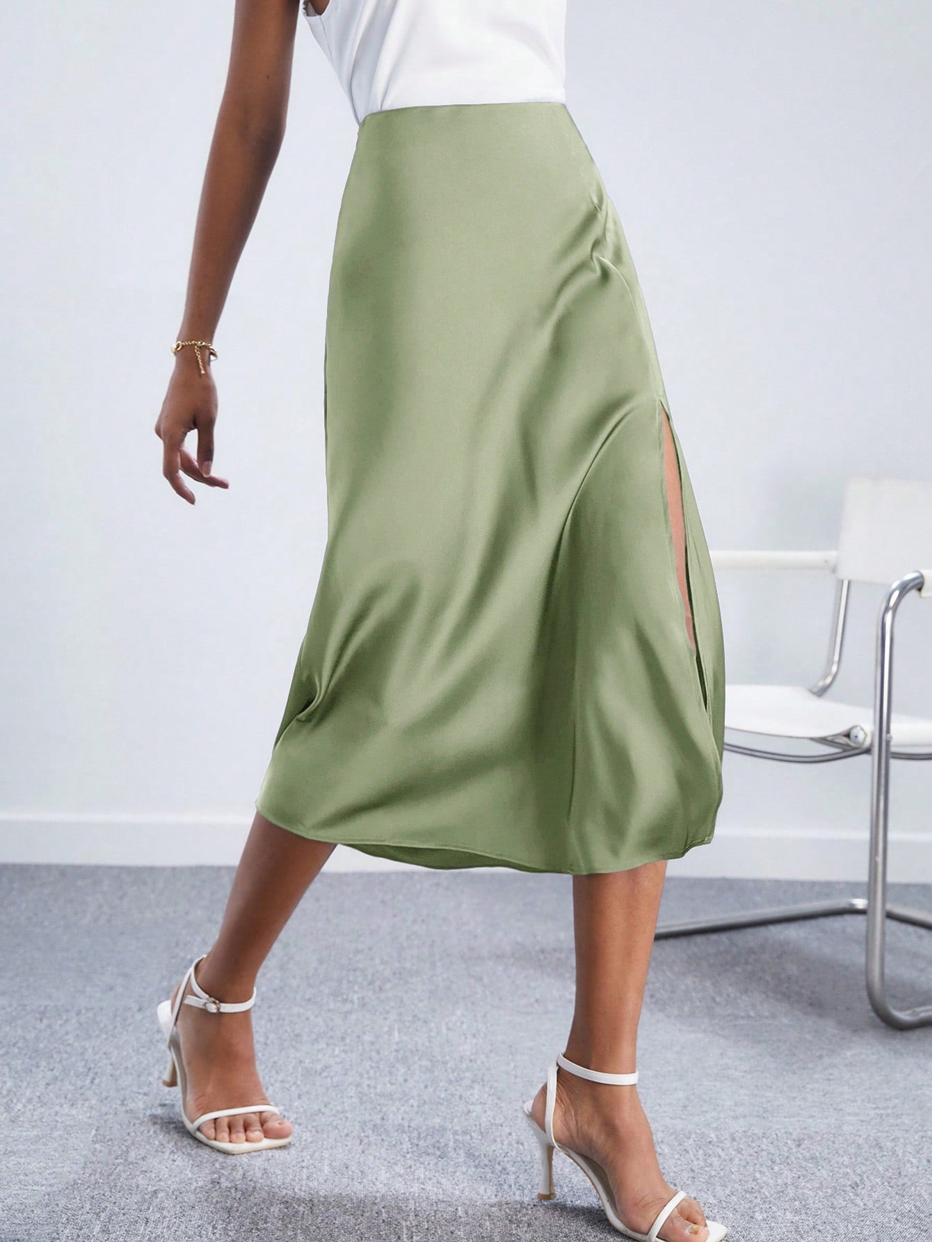 BIZwear High Waist Split Thigh Satin Skirt Workwear