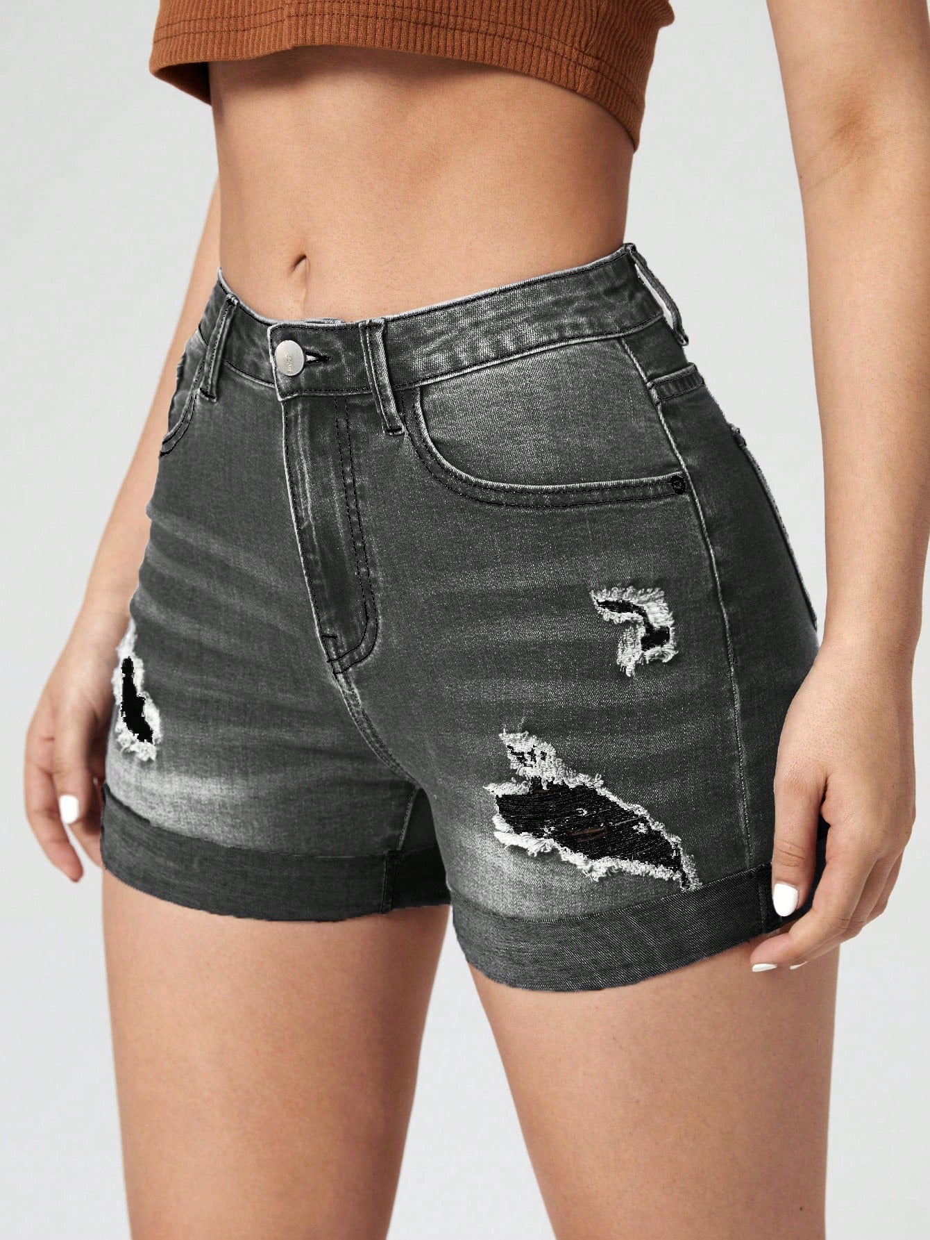 Ripped Roll Up Hem Denim Shorts