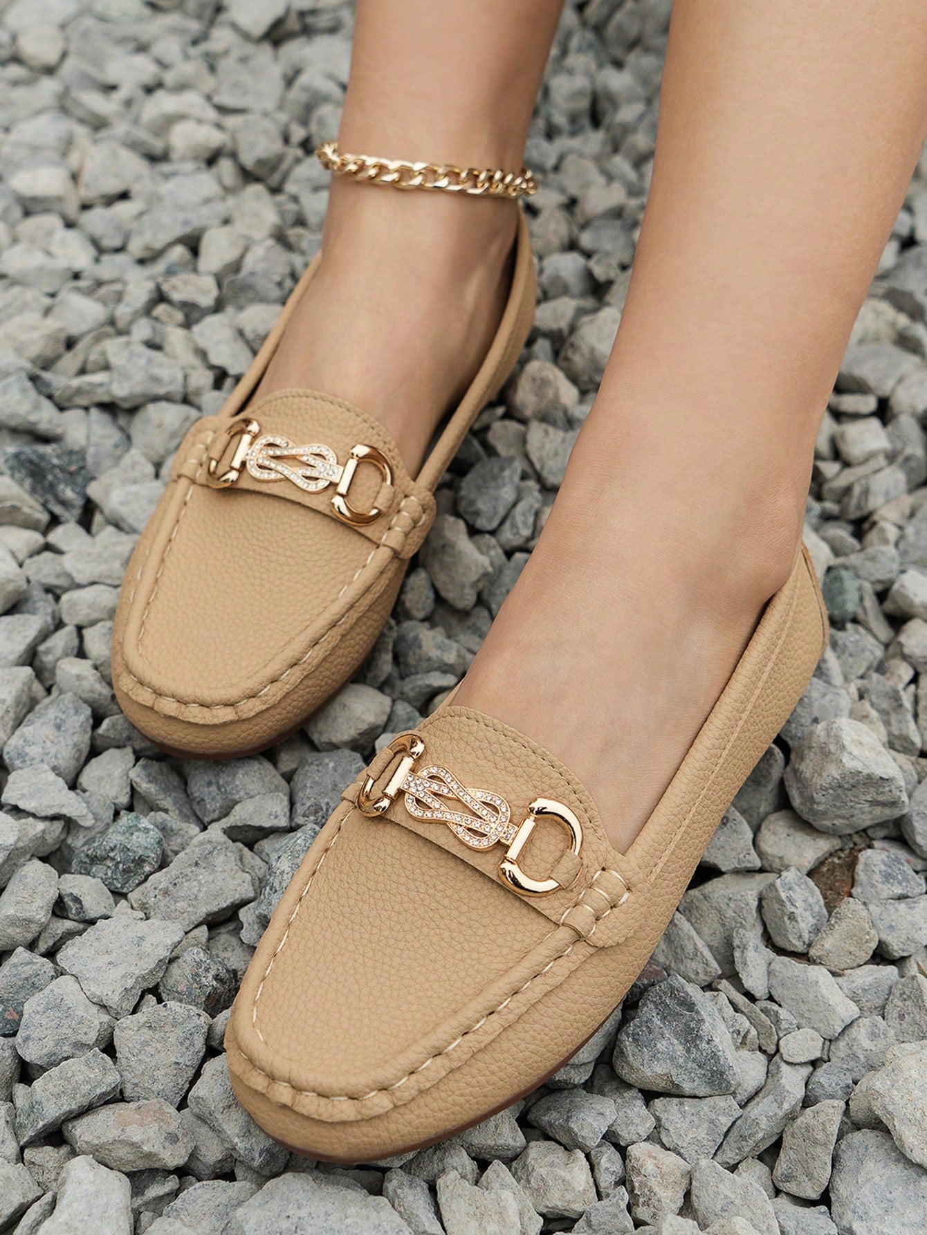 Rhinestone & Chain Decor Litchi Embossed Loafers, Black Fashionable Rhinestone & Metallic Chain Decor Solid Color Loafers