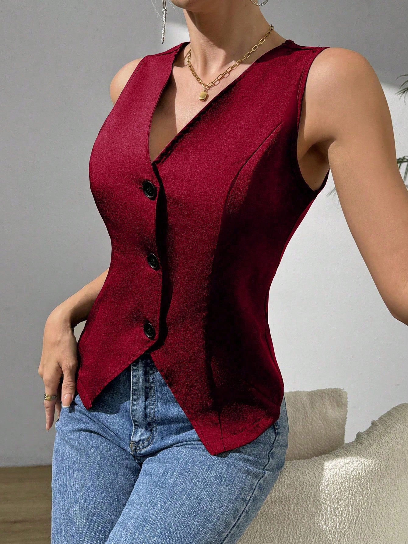 Casual Sleeveless Suit Vest With Open Slit And Single Breasted Front