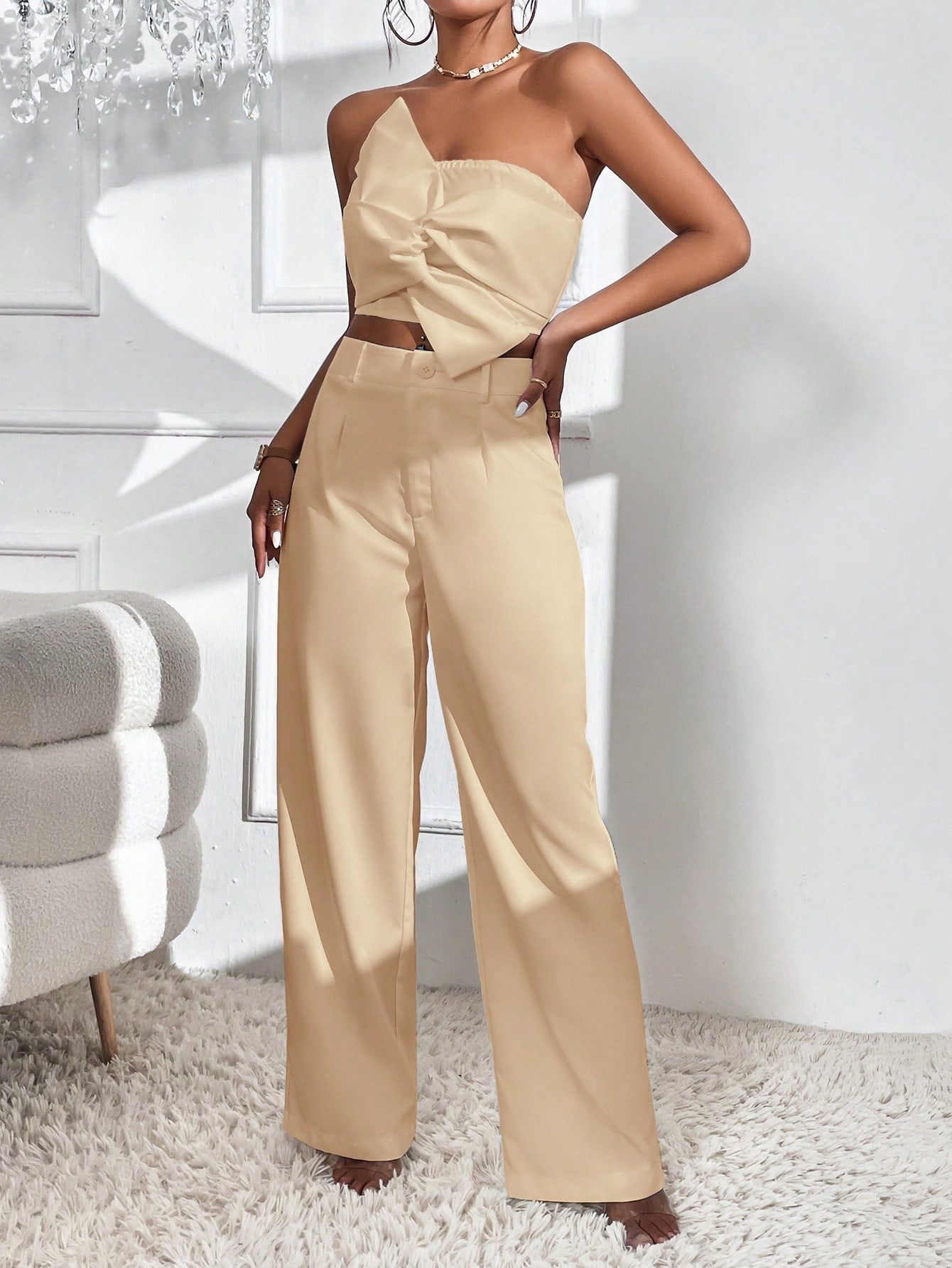 Bow Front Crop Tube Top & Wide Leg Pants