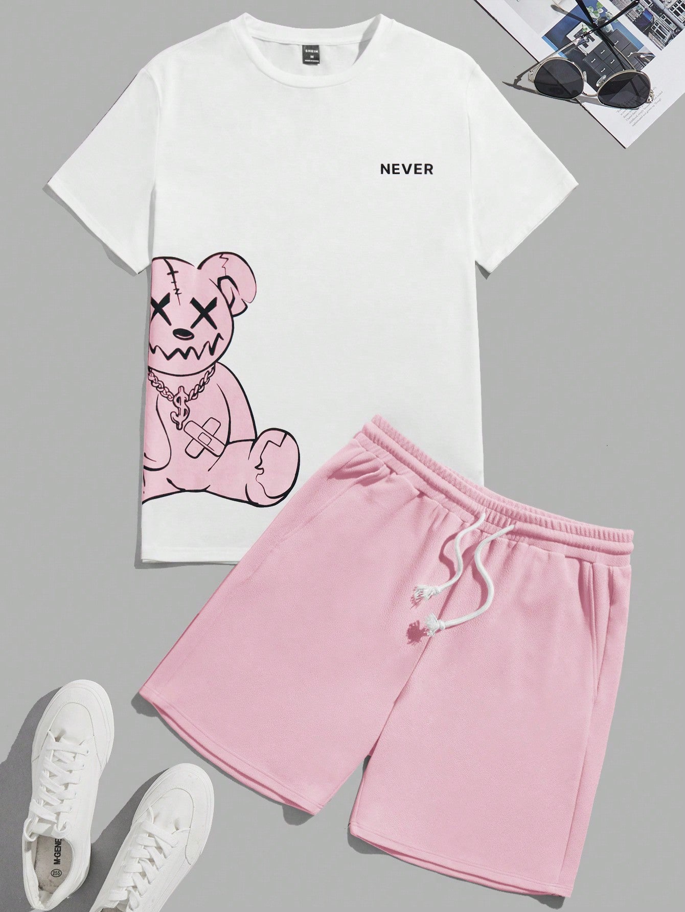 Bear Print T-Shirt And Shorts Knitting Casual Two-Piece Set