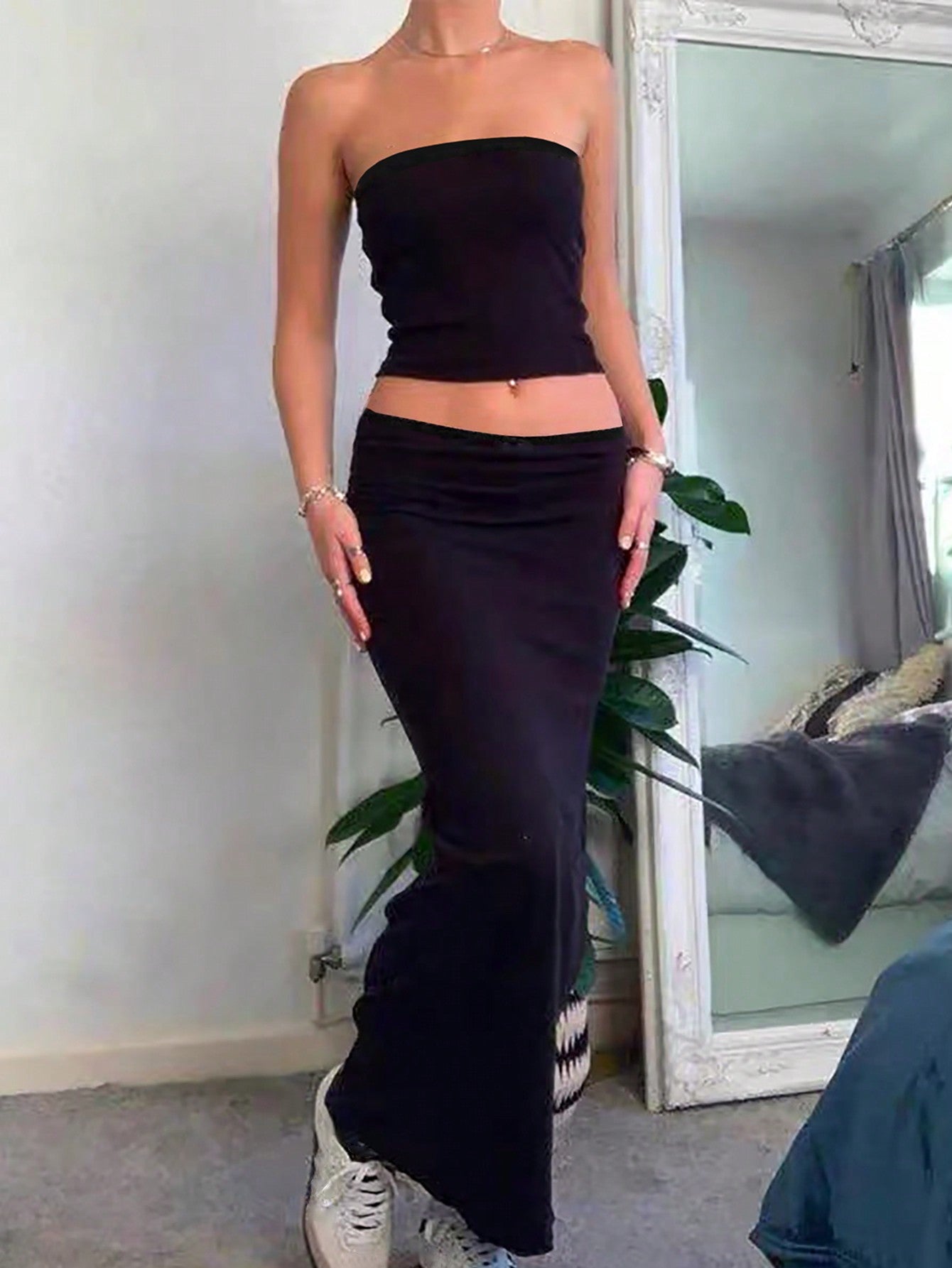 Women Daily Solid Tube Top & Split Thigh Skirt