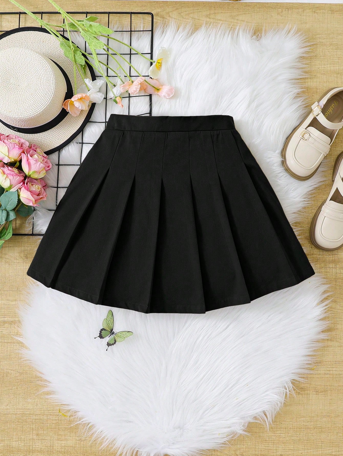 Tween Girls' Sweet And Cool Solid Color Pleated Skirt For Daily Wear