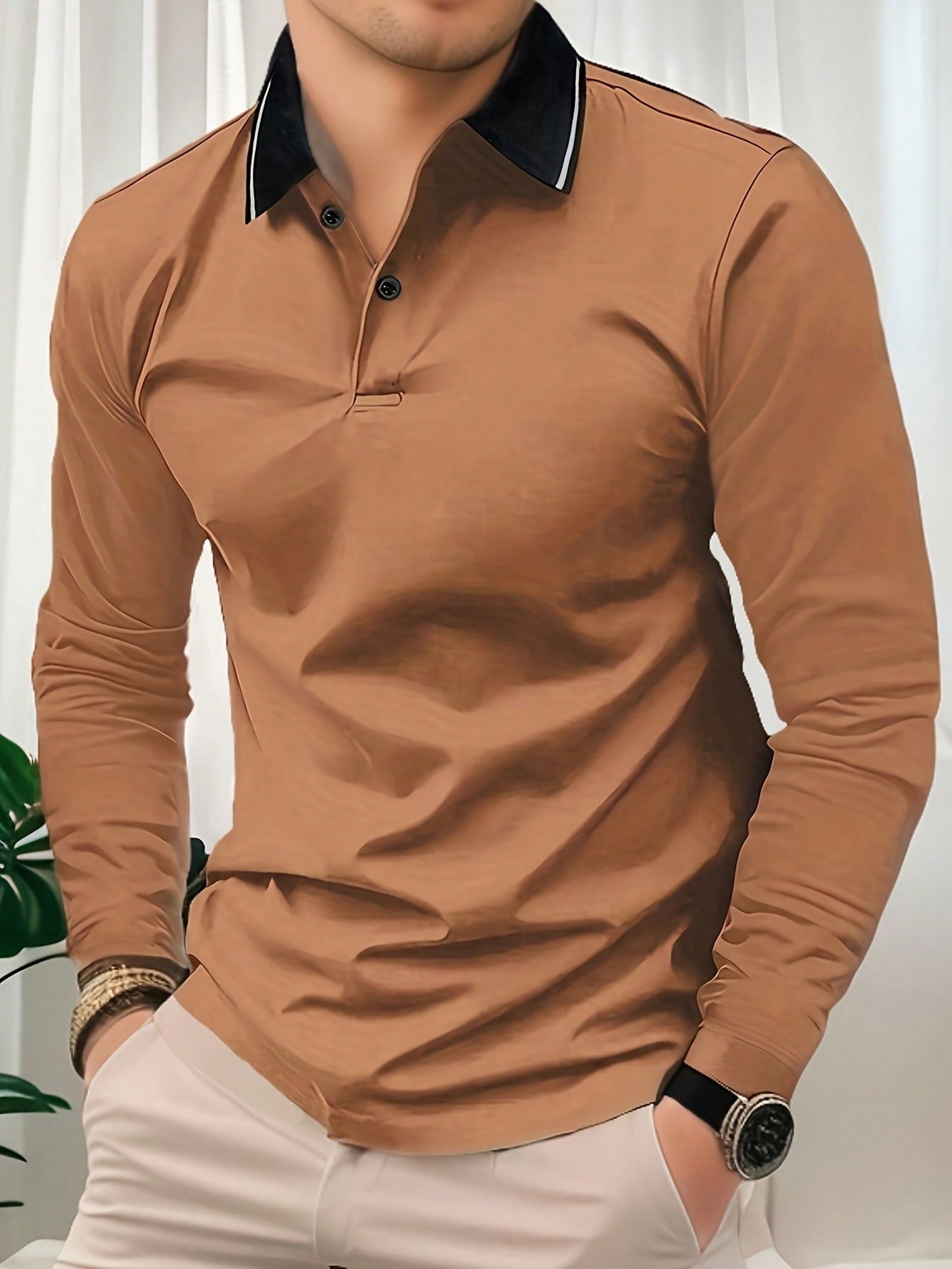 Men's Polo Collar Long Sleeve T-shirt, New Spring And Autumn Style, Polo Collar, All-match, Vintage Paul Shirt, Simple Style, Trendy, Original Design, Business, Fashion, Solid Color, Basic Top, Men's Sports And Casual Loose Fit, Vacation, Wrinkle-resistan