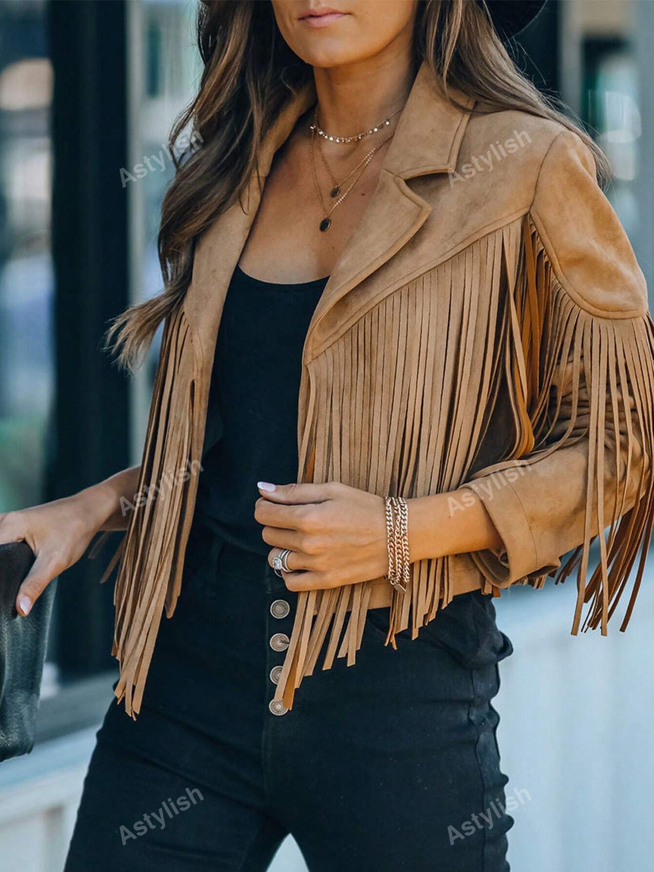 Astylish Women Long Sleeve Fringe Open Front Faux Suede Moto Jacket