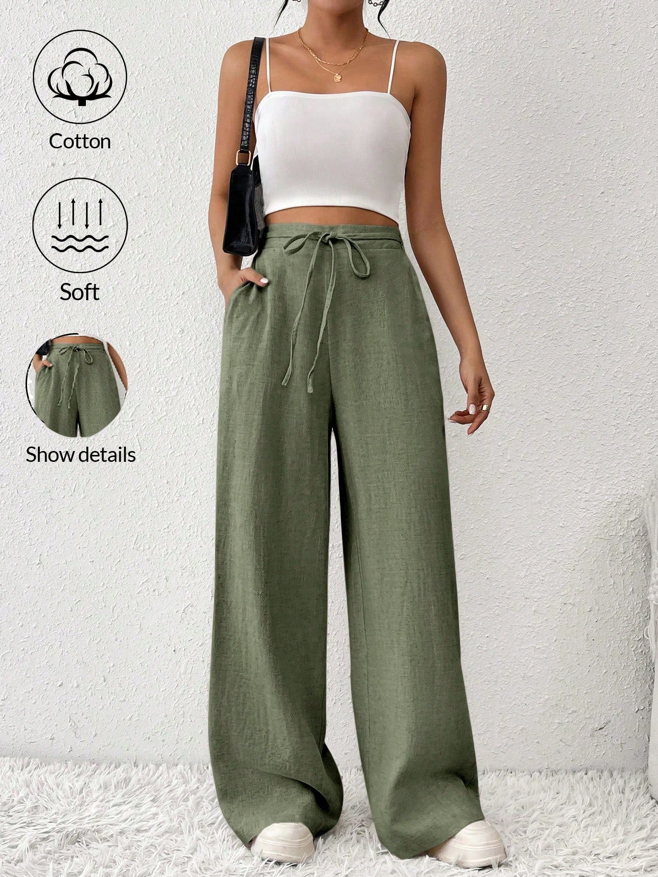 Frenchy Women's Drawstring Pocket Straight Wide-Leg Comfortable Casual Elegant Pants  Linen Striped Trousers  Teacher Pants  Teacher Clothes Fall Outfits  Back To School   Commute  Minimalist Office   Old Money Simple