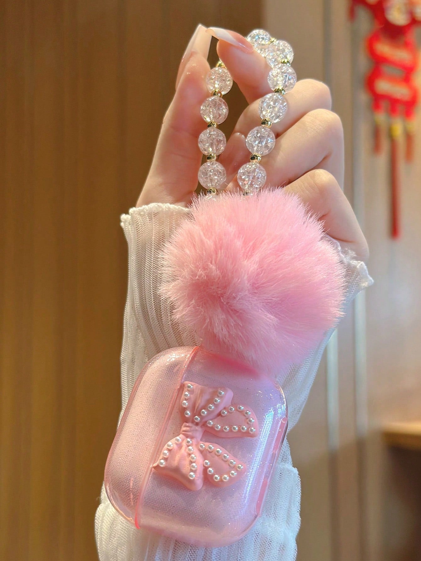 Pink Transparent Glitter Earphone Case With Rhinestone & Bowknot, Icy Flower Pom Pom Beaded Earphone Chain