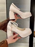 Pearl Chain Mary Jane Women Shoes With Square Buckle And Thick Heels, 2024 New French Large Size High-Heels With Shallow Mouth, Fashionable Round-Toe Pumps.