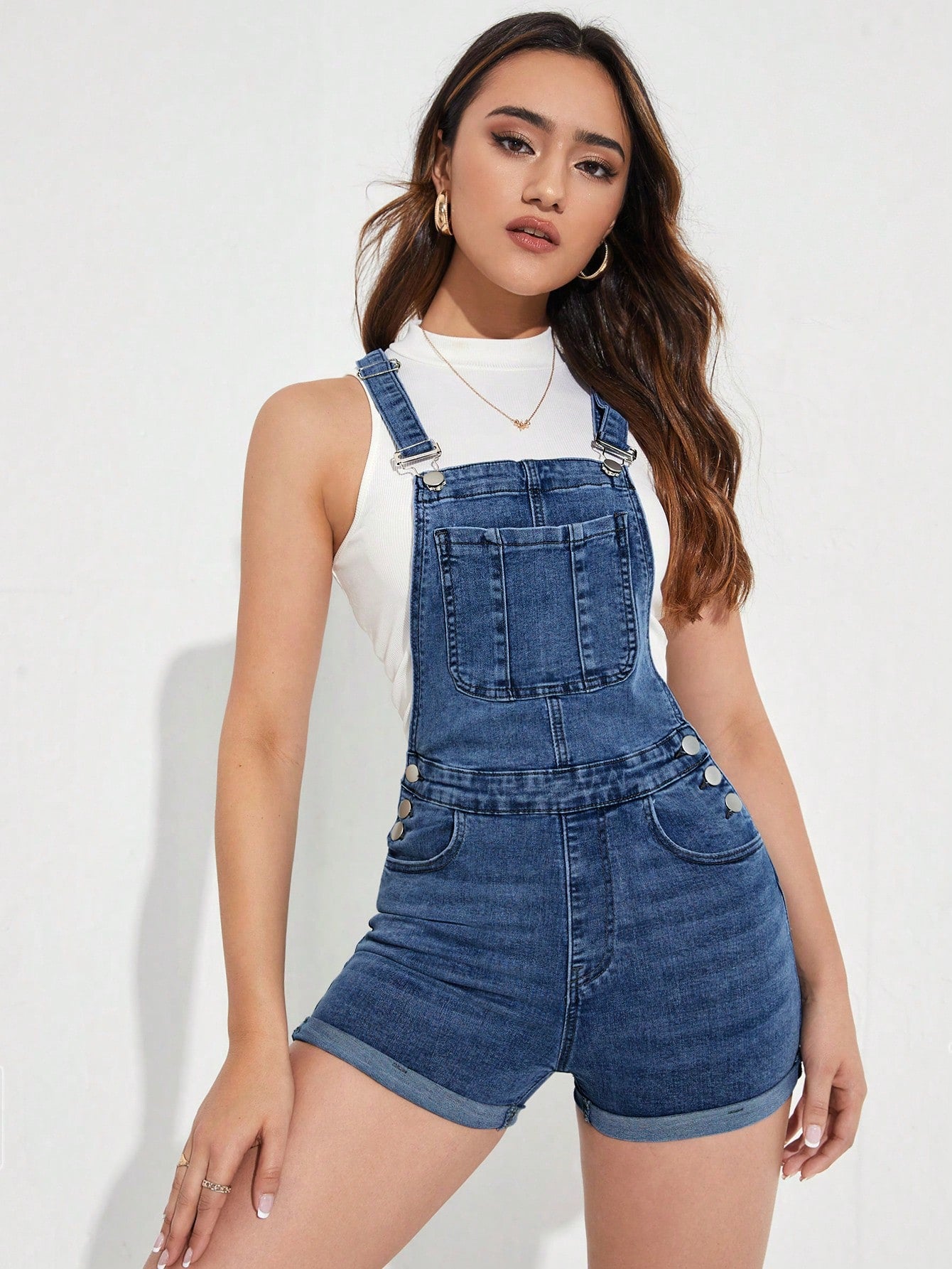 Roll Up Hem Denim Overall Romper Without Tank Top