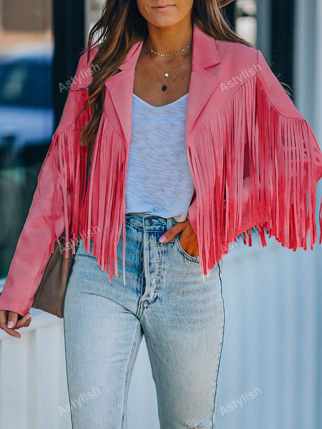 Astylish Women Long Sleeve Fringe Open Front Faux Suede Moto Jacket