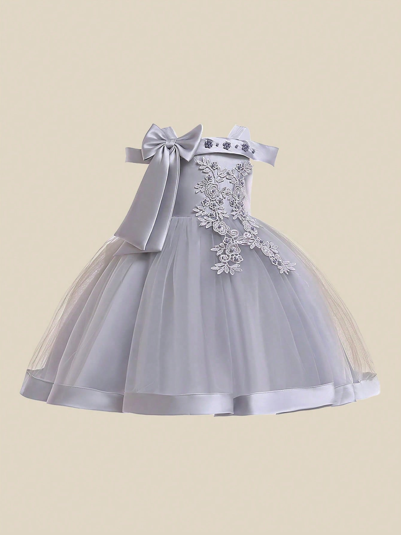 Young Girl Solid Color Tulle Spliced Satin Bowknot Decorated Sleeveless Fluffy Dress, Suitable For Birthday Party And Other Formal Occasions