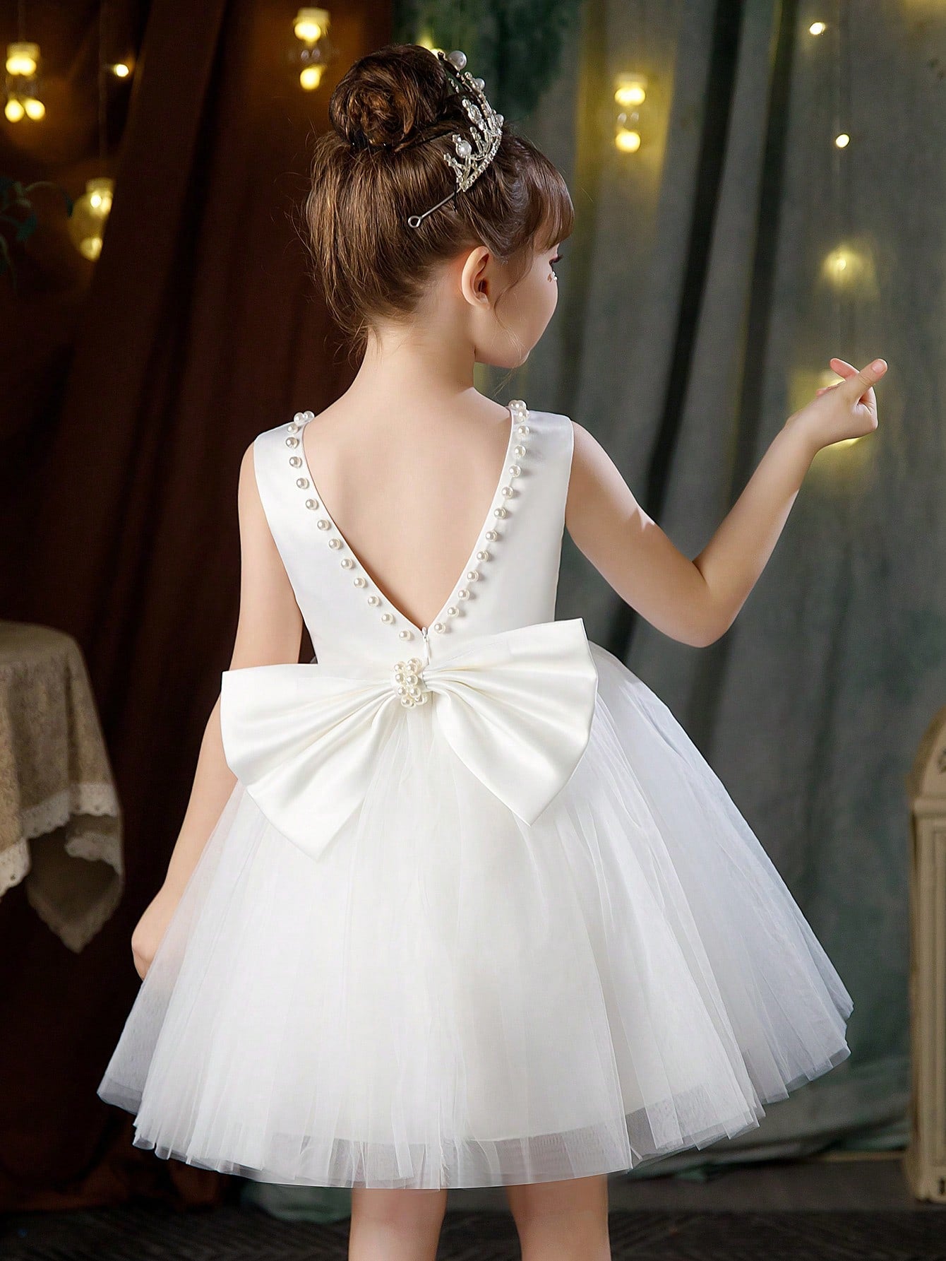 Young Girls' Pearl & Bowknot Decorated Princess Dress, Suitable For Birthday Party, Prom, Delicate Daily Outfit, Festival, Wedding, Stage Performance, Flower Girl