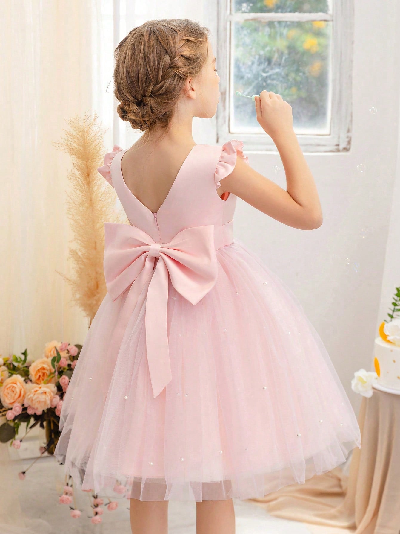 Young Girl Flutter Sleeve Mesh Party Dress, Suitable For Birthday Party, Dance Party, Casual Wear, Instrumental Performance, Stage Performance, Etc.