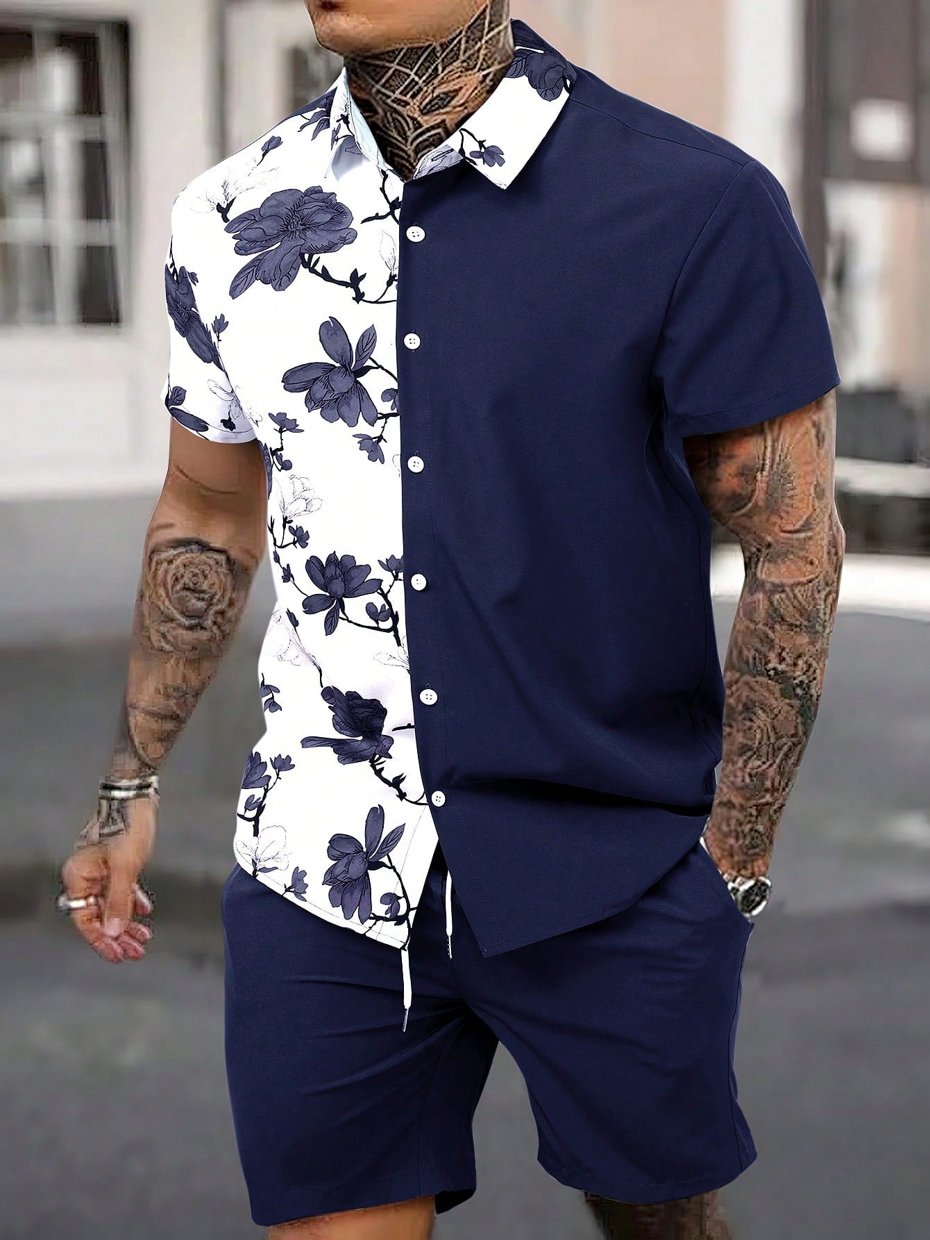 Men Floral Print Shirt & Drawstring Waist Shorts