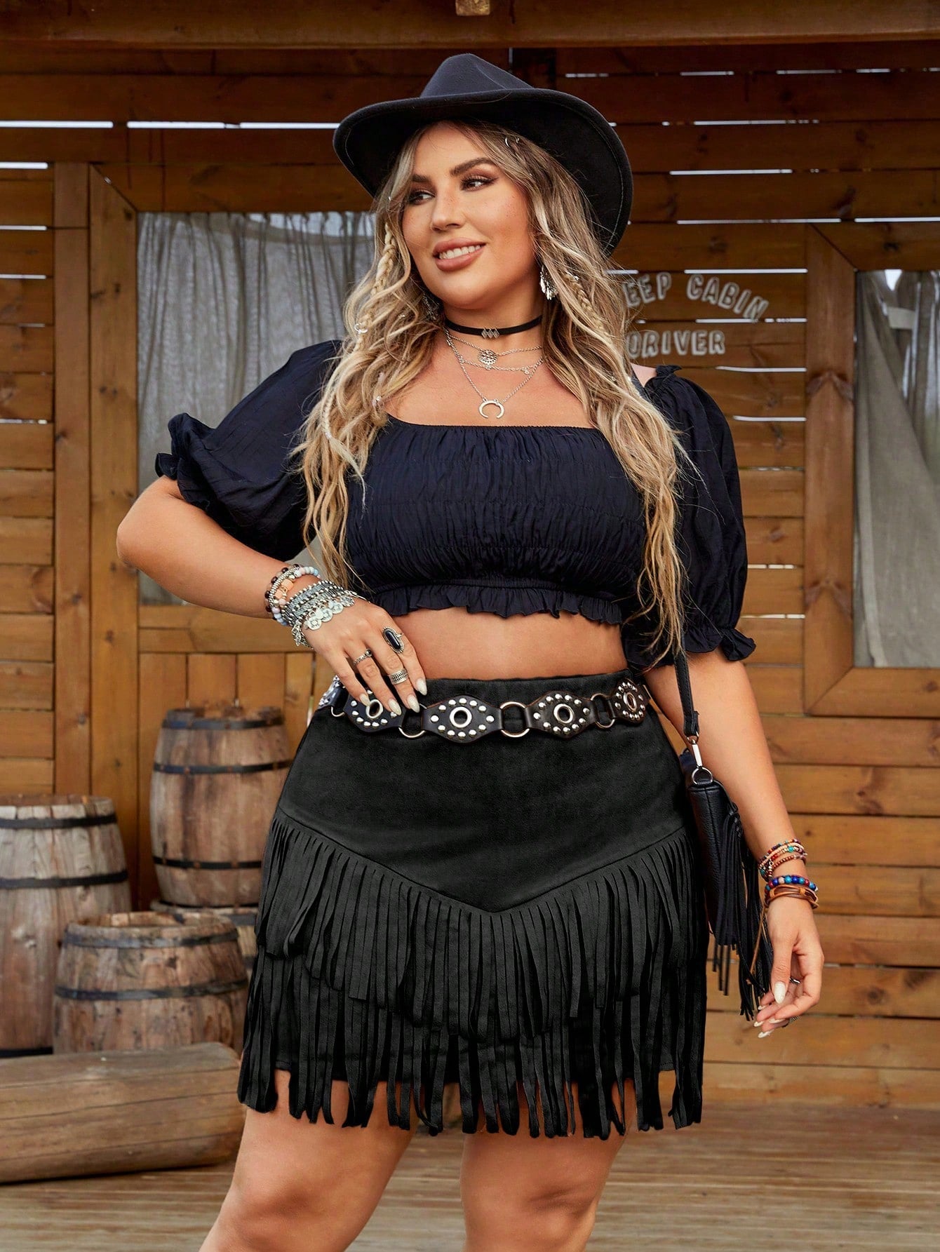 Plus Size Solid Color Fringed Decorated Skirt Western Woman Attire Plus