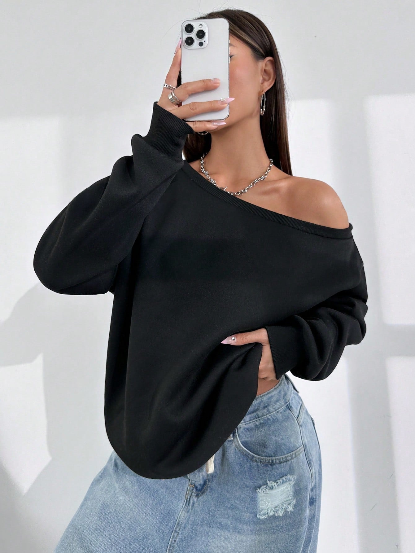 Asymmetrical Shoulder Loose Solid Color Sweatshirt, Spring And Autumn Style