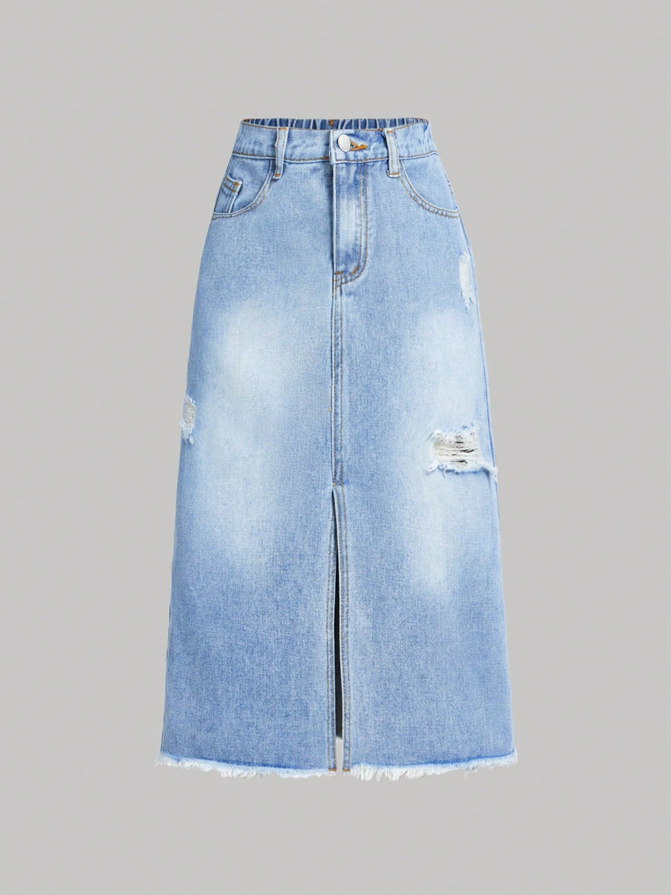 Tween Girls' Y2K Spring Summer  Boho Ripped Distressed Slit Hem Denim Skirt  Tween Girl Shirts
