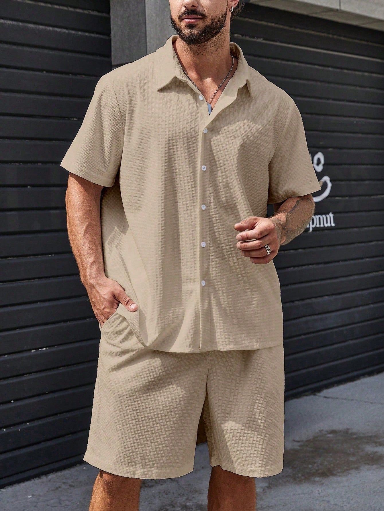 Men Plus Solid Button Up Shirt & Shorts