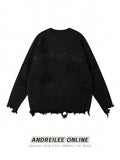 Unisex Letter Embroidered Star Distressed Fringe Hem Loose Casual Long Sleeve Knit Sweater