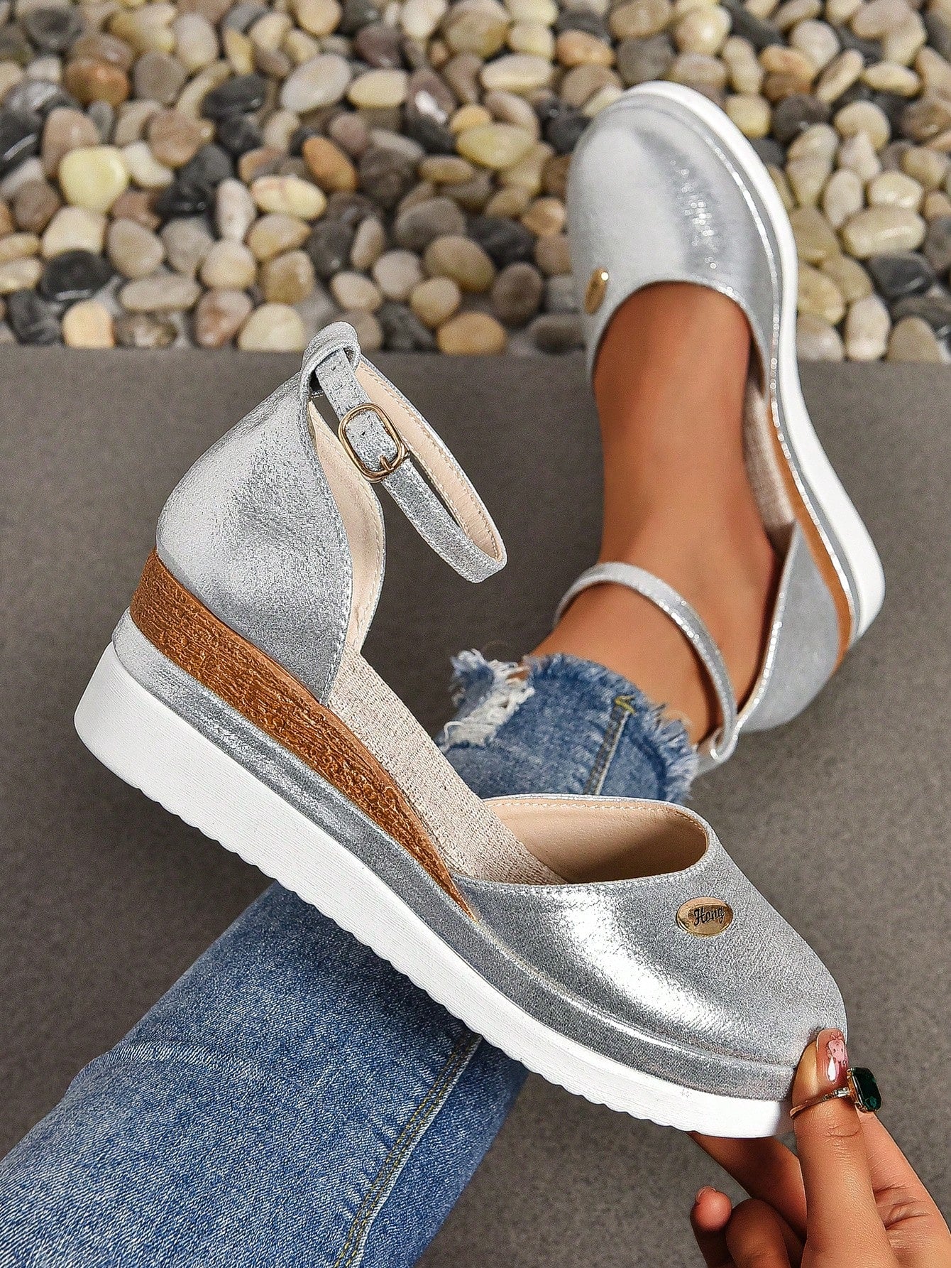 Ladies Large Size New Plaid Bright Silk Decoration Fashionable Color Matching Closed Toe Lightweight Rope Elegant Wedge Heel Shoes