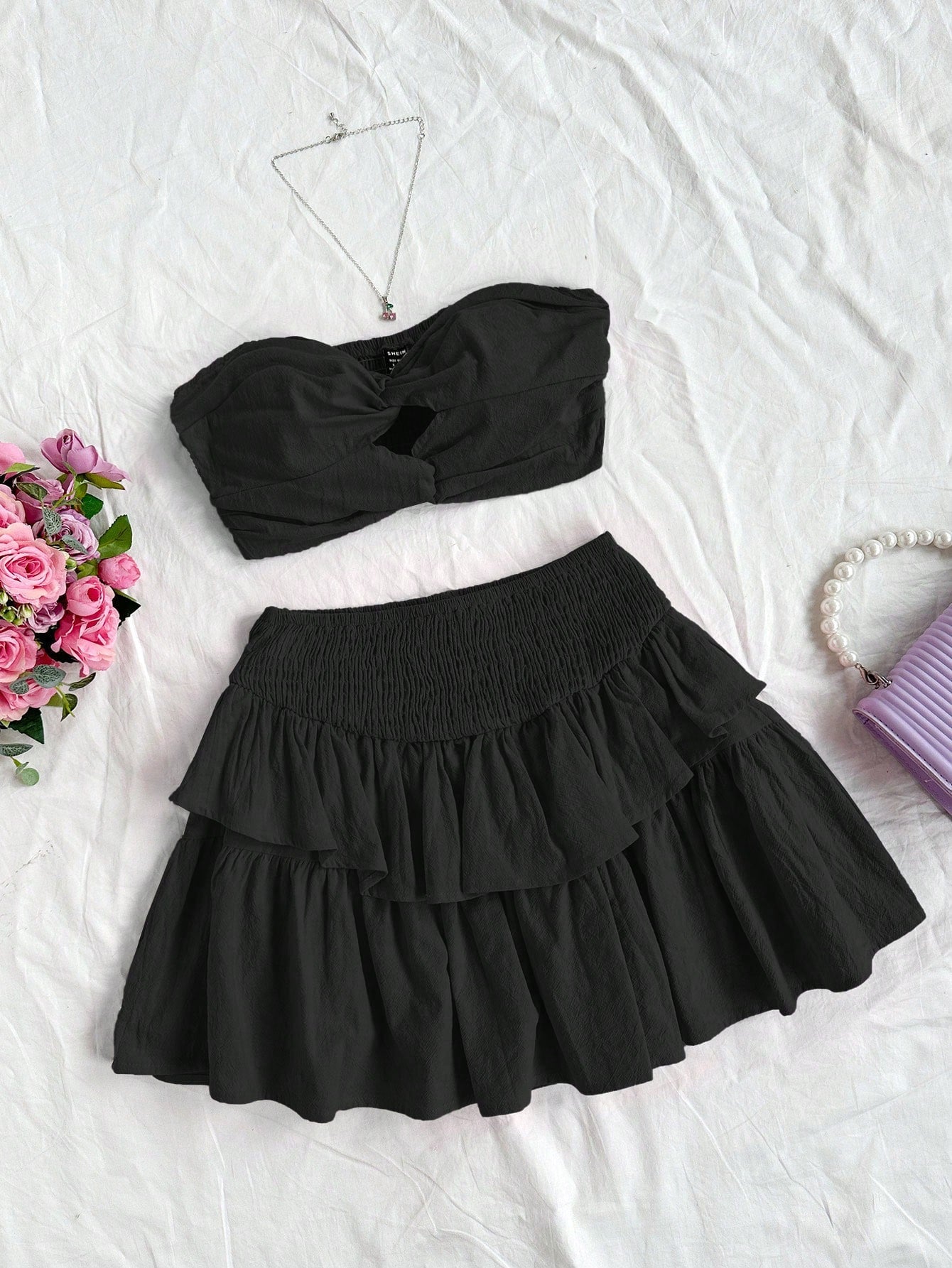 Casual Vacation Plaid Strapless Top With Twist Front And High Waist A-Line Skirt, 2pcs/Set