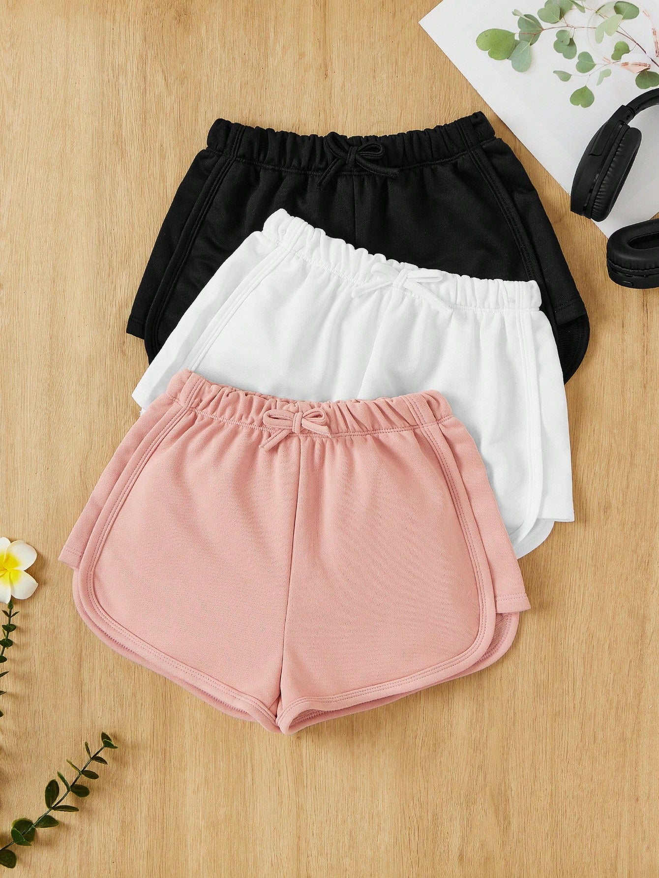 Tween Girl Knit Solid Color Bowknot Decor Casual Shorts 3pcs/Set For Summer