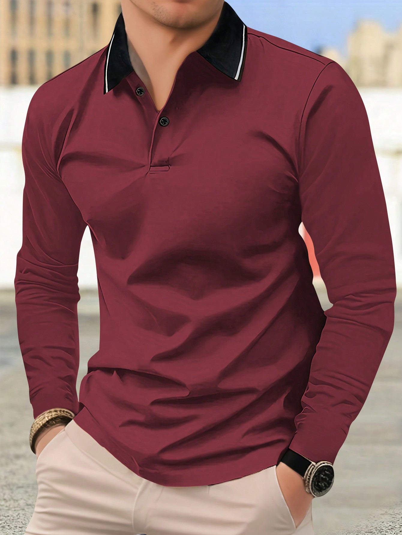 Men's Polo Shirt With Collar And Long Sleeves, Spring & Autumn New Arrival, Classic & Vintage Polo Shirt, Simple Style, Business & Fashionable Solid Color Top, Loose Fit For Sports, Leisure & Vacation, Anti-wrinkle & Breathable