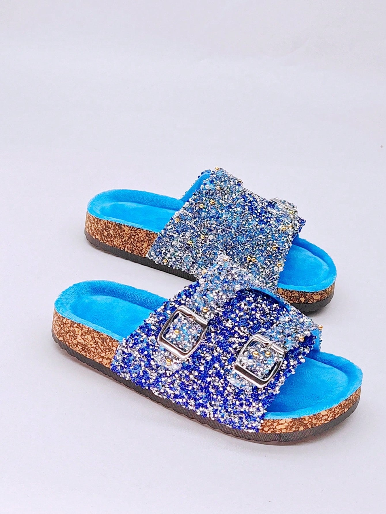 New Hot Selling Cork Pattern Women's Shoes, Street Casual Flat Slippers With Double Straps For Indoor And Outdoor, Rose Red Color With Sparkling Diamond Big Buckle Lady Sandals