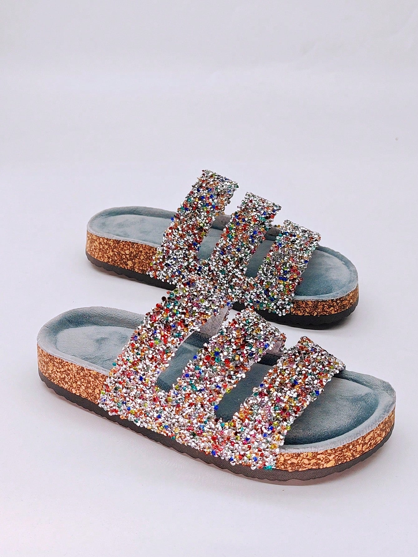 New Hot Selling Cork Pattern Women's Shoes, Street Casual Flat Slippers With Double Straps For Indoor And Outdoor, Rose Red Color With Sparkling Diamond Big Buckle Lady Sandals