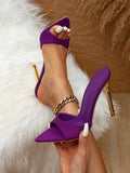 Women Fashionable Purple Lycra Pointed Toe Slip-On Sandals With Gold-Plated Heels And High Stiletto Heels For Outdoor Parties And Events