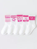 5pairs/Set Girls' Mesh Thin Breathable White Socks With Pink Accent & White Elastic Wide Mouth, Featuring Cute Letter, Smiling Face, Heart, Girl, Student, Athletic, Spring & Summer Style, Ideal For Energetic & Trendy Little Girls, Sweet & Versatile Design