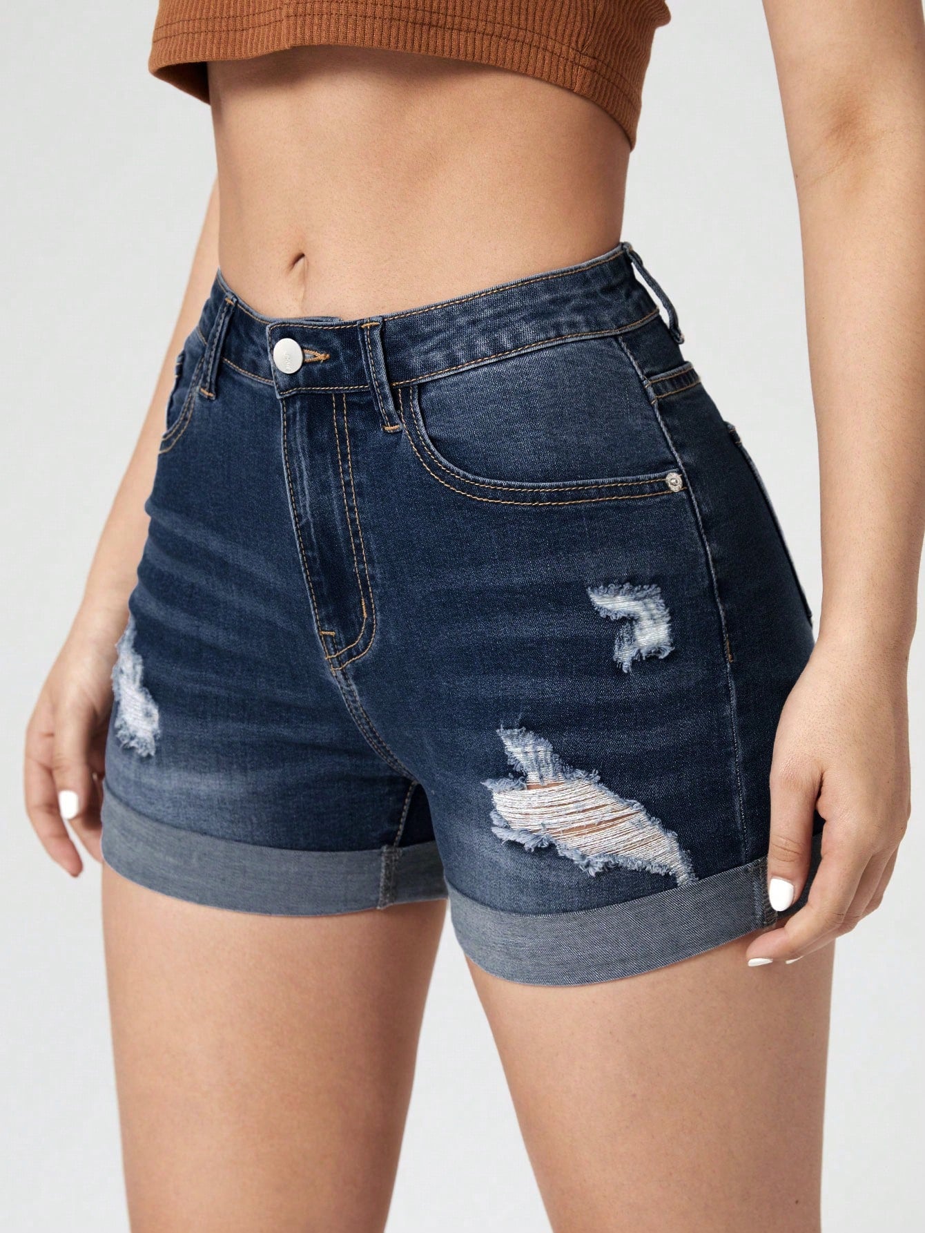 Ripped Roll Up Hem Denim Shorts