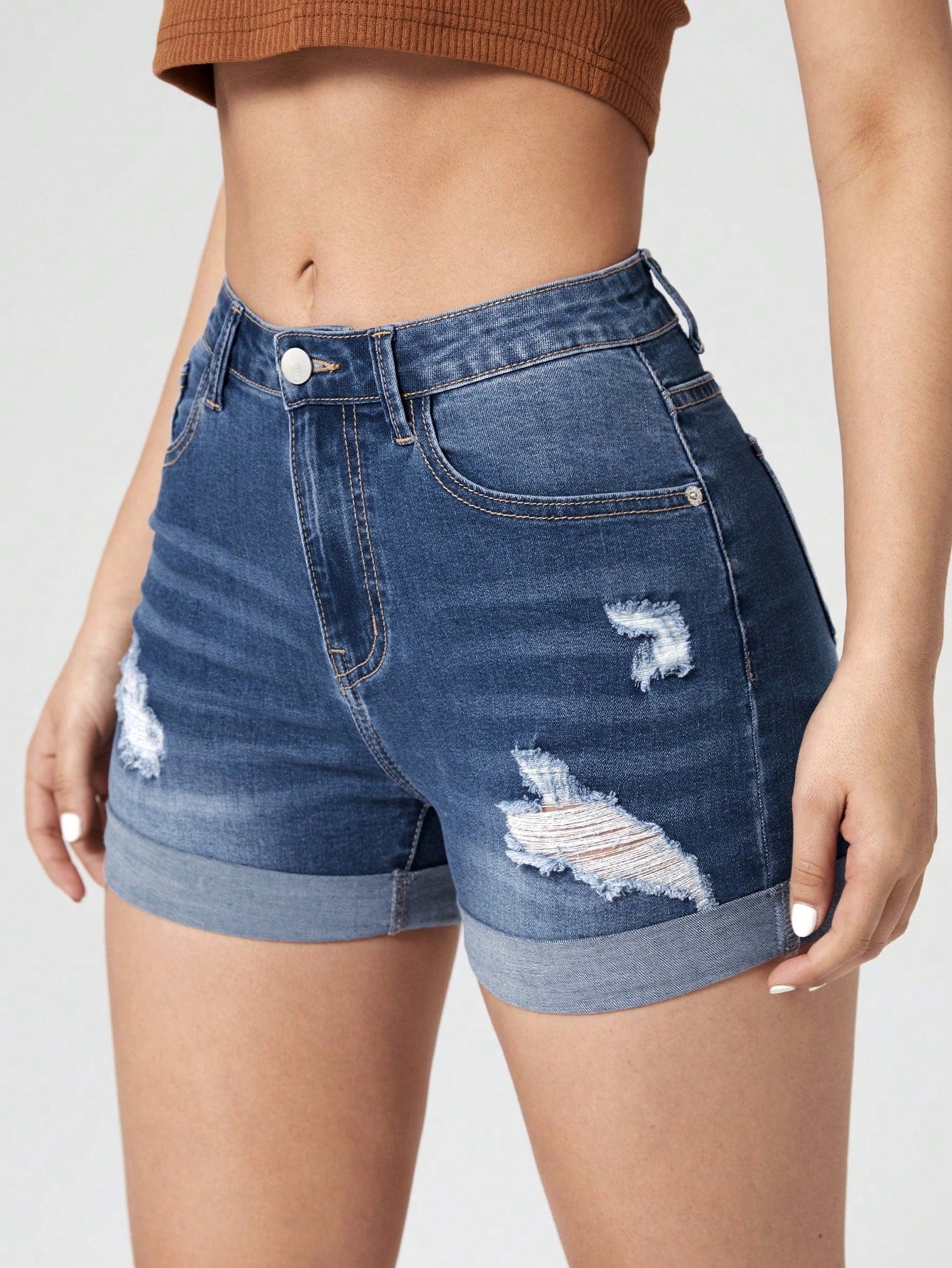 Ripped Roll Up Hem Denim Shorts