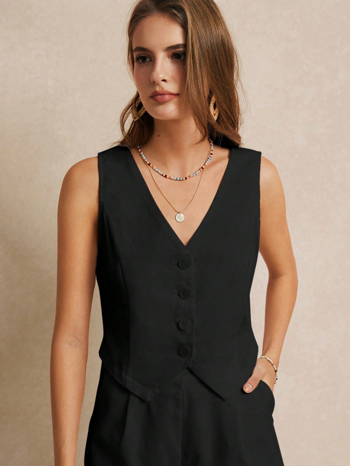 Frenchy Summer Vacation Wedding Season, Casual Boho Chic Solid Color Minimalist Draped V-Neck Sleeveless Blazer With Decorative Button Details, Elegant Romantic, Cute Top, Short Women Sets, White Essential, Summer Outfit, Wedding Season Essential, Cottage