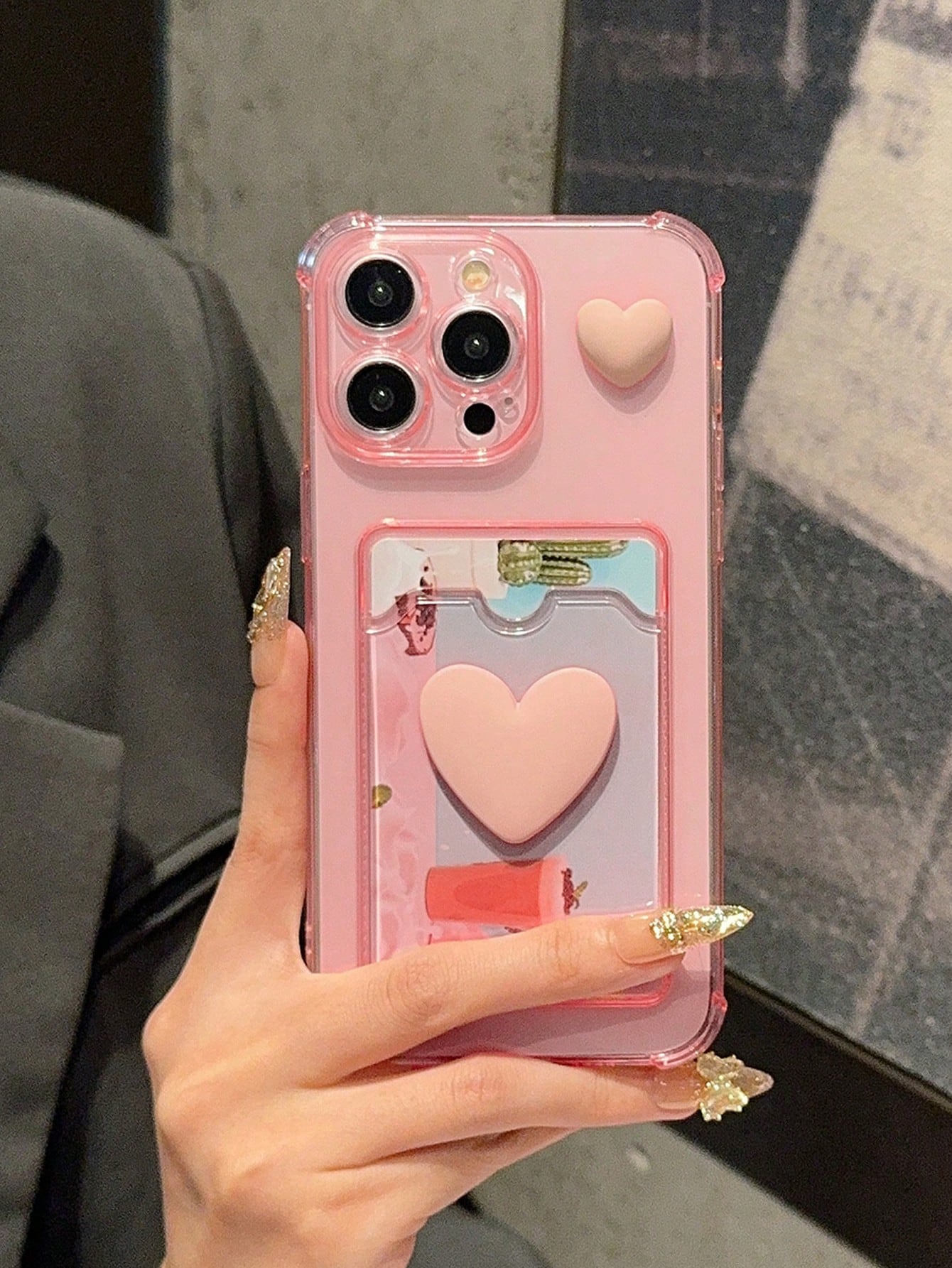 Sliding Transparent Double Heart Sticker Picture Frame Card Holder Phone Case Compatible With Apple IPhone
