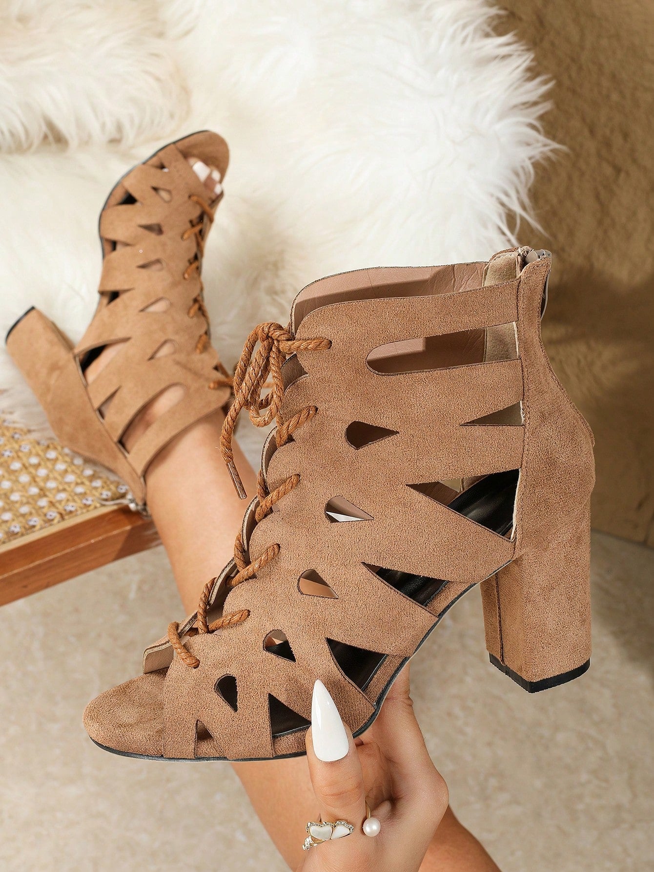 Women Summer And Spring New Fashionable And Versatile Ankle Boots With Back Zipper, Lacing, Hollow-Out Design, Round Toe, Open Toe, High Heels, Ties, Outdoors, Comfortable, Large Size, Thick Heeled, Breathable, Short Boots And High-Heeled Sandals