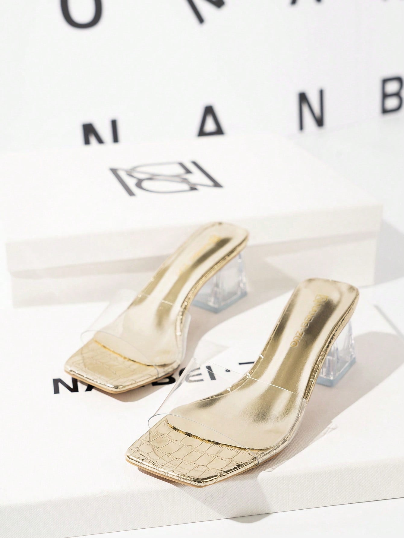 Women's Transparent Strap Asymmetrical Heel Apricot Color Cool Slippers, Ideal For Wedding And Other Activities, Comfortable Apricot Color Transparent Heels, Women's Open Toe Sexy Party Style Cool Sandals, New Spring And Summer High Heel Cool Sandals For