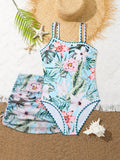 Teen Girl Tropical Print One Piece Swimsuit With Spaghetti Straps And Skirt Cover Up, Random Print