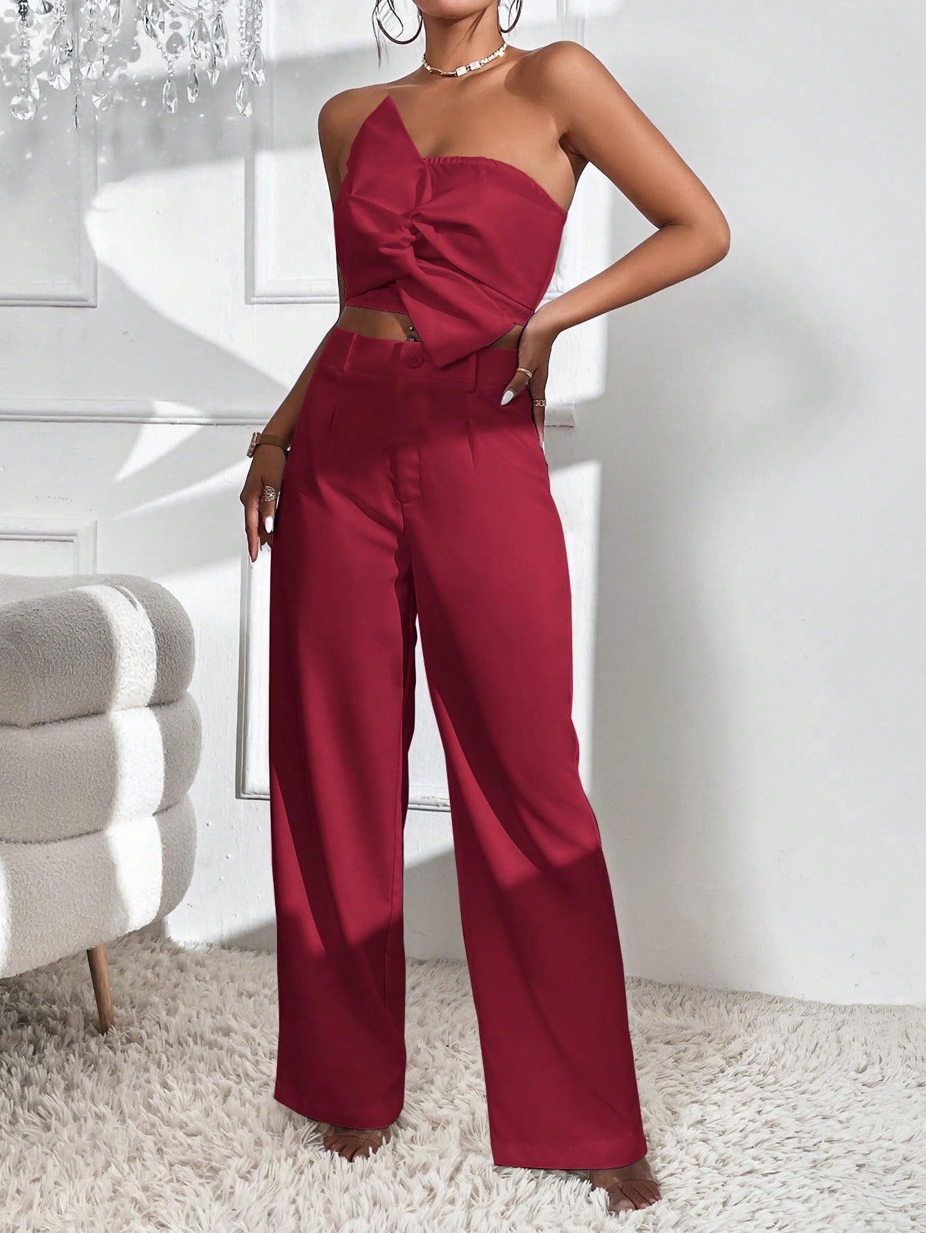 Bow Front Crop Tube Top & Wide Leg Pants