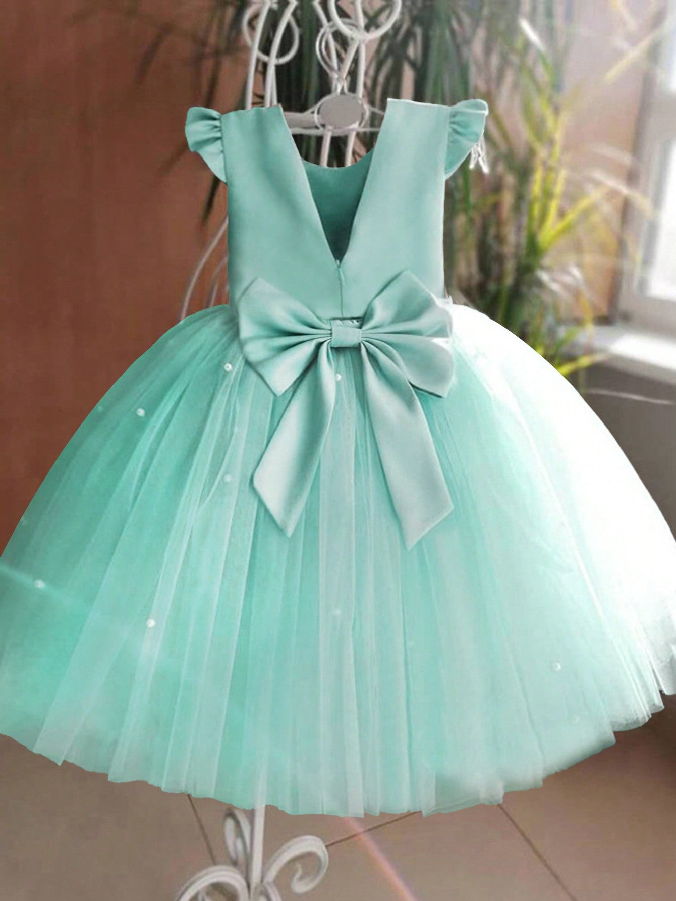 Young Girl Flutter Sleeve Mesh Party Dress, Suitable For Birthday Party, Dance Party, Casual Wear, Instrumental Performance, Stage Performance, Etc.