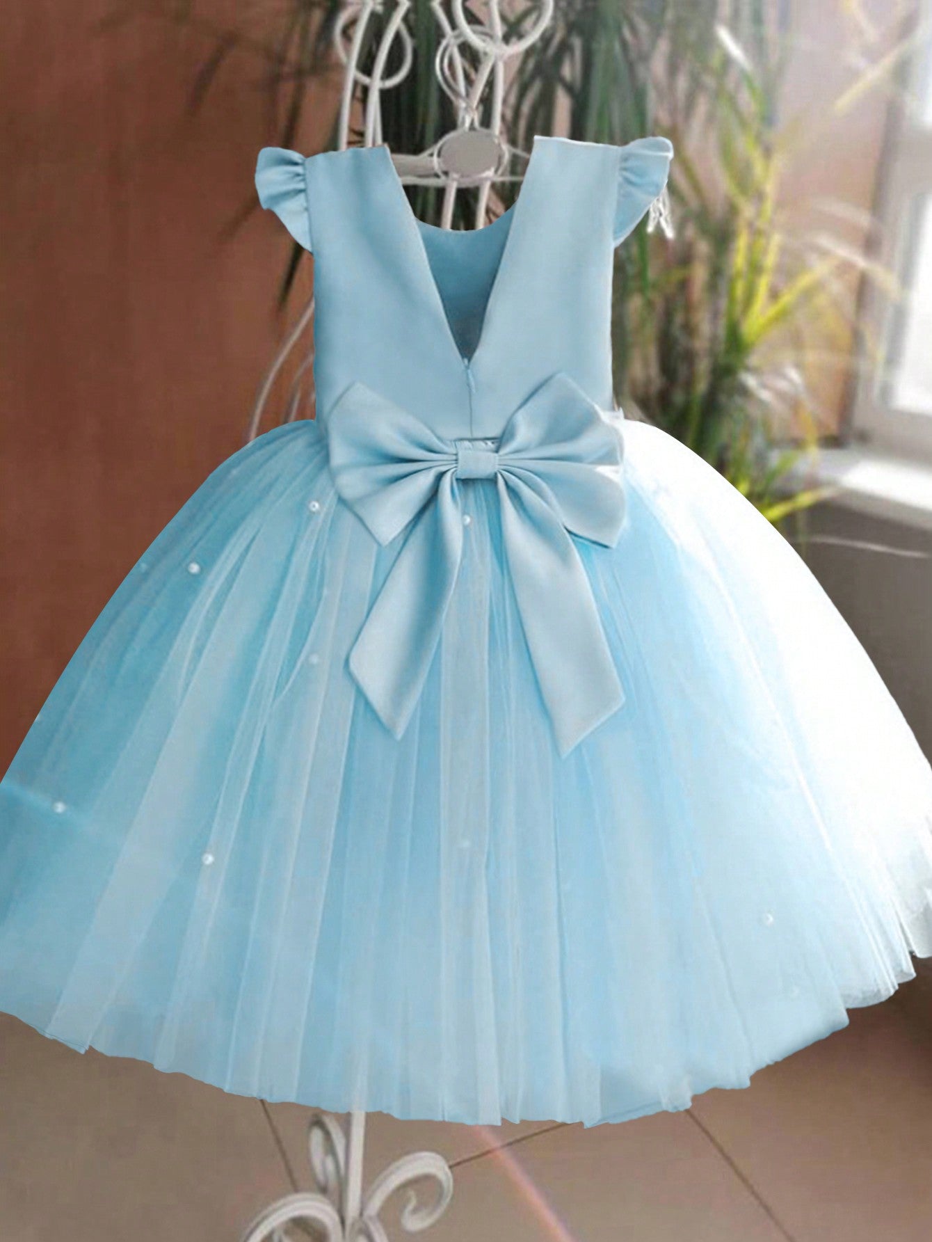 Young Girl Flutter Sleeve Mesh Party Dress, Suitable For Birthday Party, Dance Party, Casual Wear, Instrumental Performance, Stage Performance, Etc.