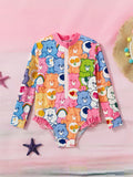 Young Girl Summer Beach Knitted Cute Cartoon Bear Print Ruffle Hem One-Piece Swimsuit