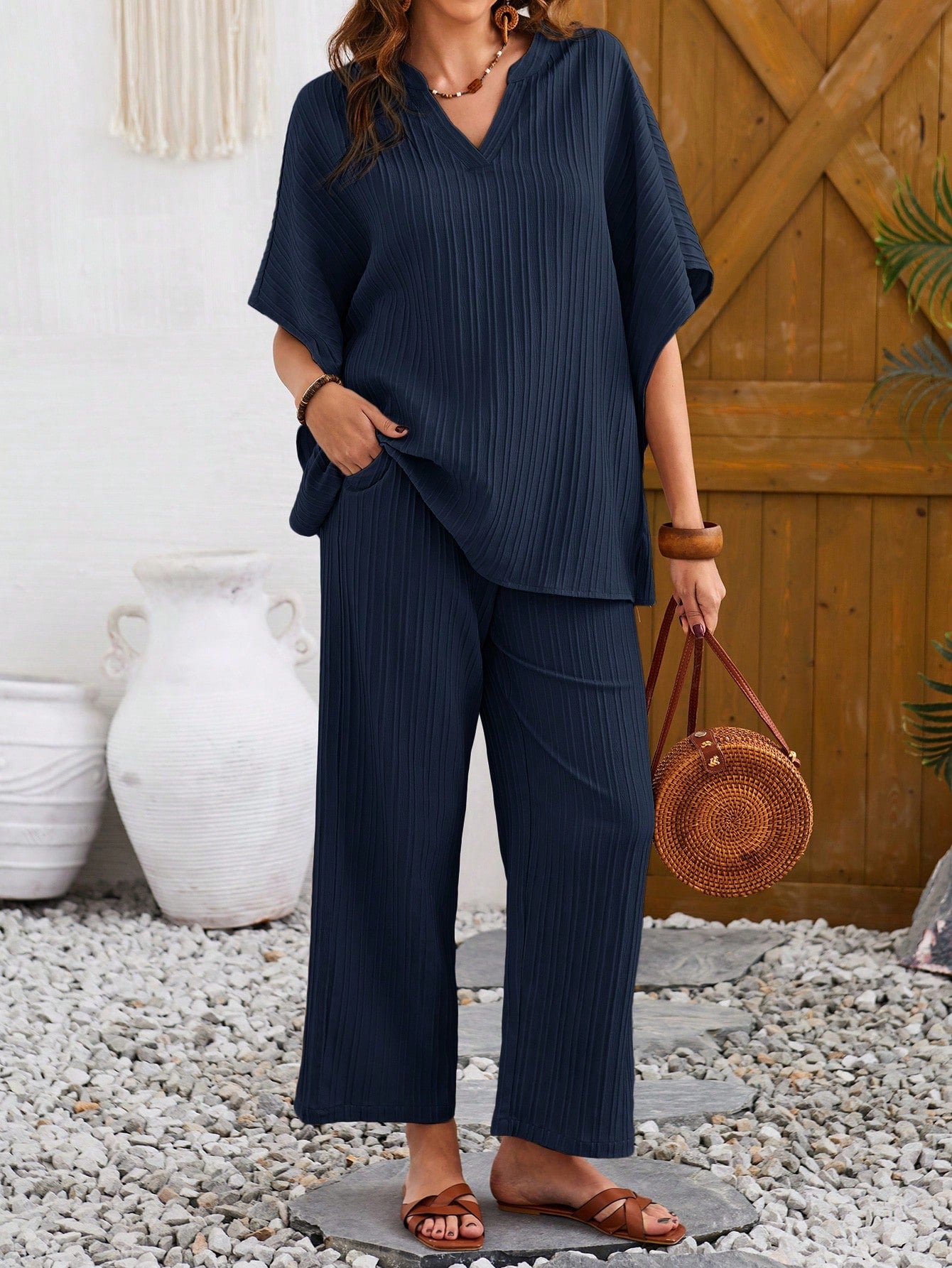 Women's Elegant Solid Color Ribbed Two-Piece Outfit With Long Sleeves