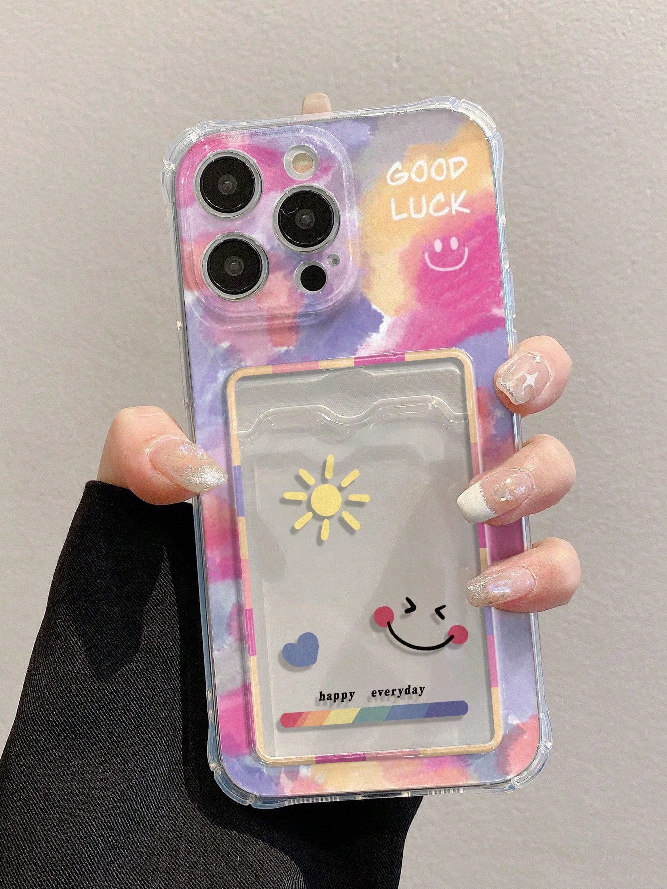 Cartoon Smiling Face Painted Four Corner Shockproof Texture, Skin-Friendly And Multifunctional Card Holder Wallet For Cards And Transparent Painted Phone Case Applicable Compatible With IPhone 15 Series, Samsung Series, Redmi Series, P13 Phone Case, P14 F