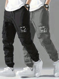 Fashionable Casual Drawstring Cargo Pants For Tween Boys, Spring, Summer And Autumn, Loose Fit Cargo Pants, Smile Printed, Back-To-School Campus Style Paratrooper Pants