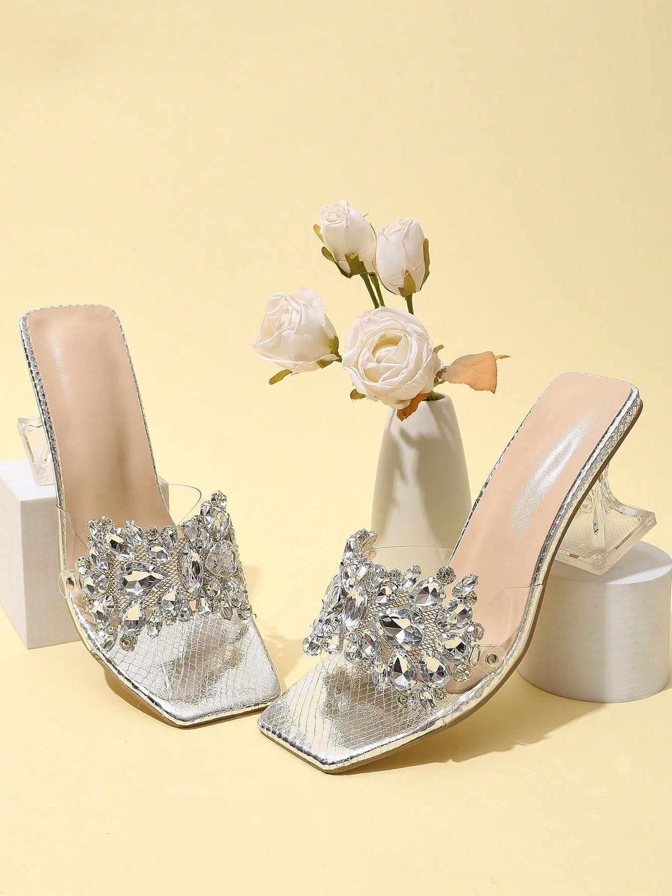 Rhinestone Decor Sculptural Heeled Mule Sandals, Purple Party Diamond & Gems Decoration Solid Color Mule Heels