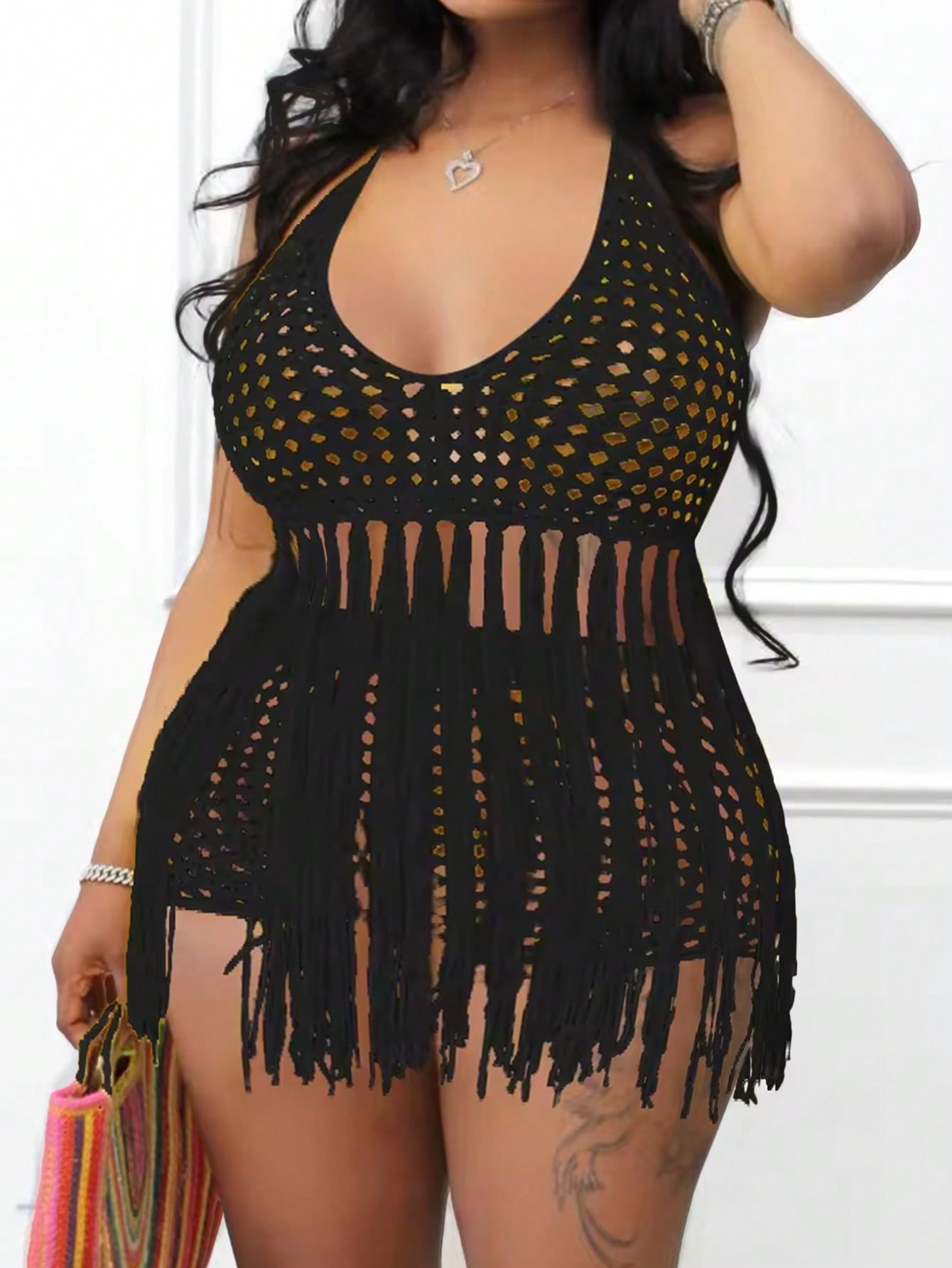 Plus Size Halter Fringed Hollow Out Top And Solid Color Shorts Bodycon Suit For Vacation